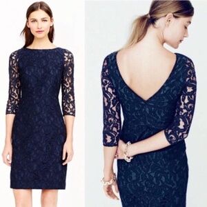 JCrew Natalia Dress 16 Wedding Guest Navy Leavers Lace Overlay V Back 3/4 Sleeve